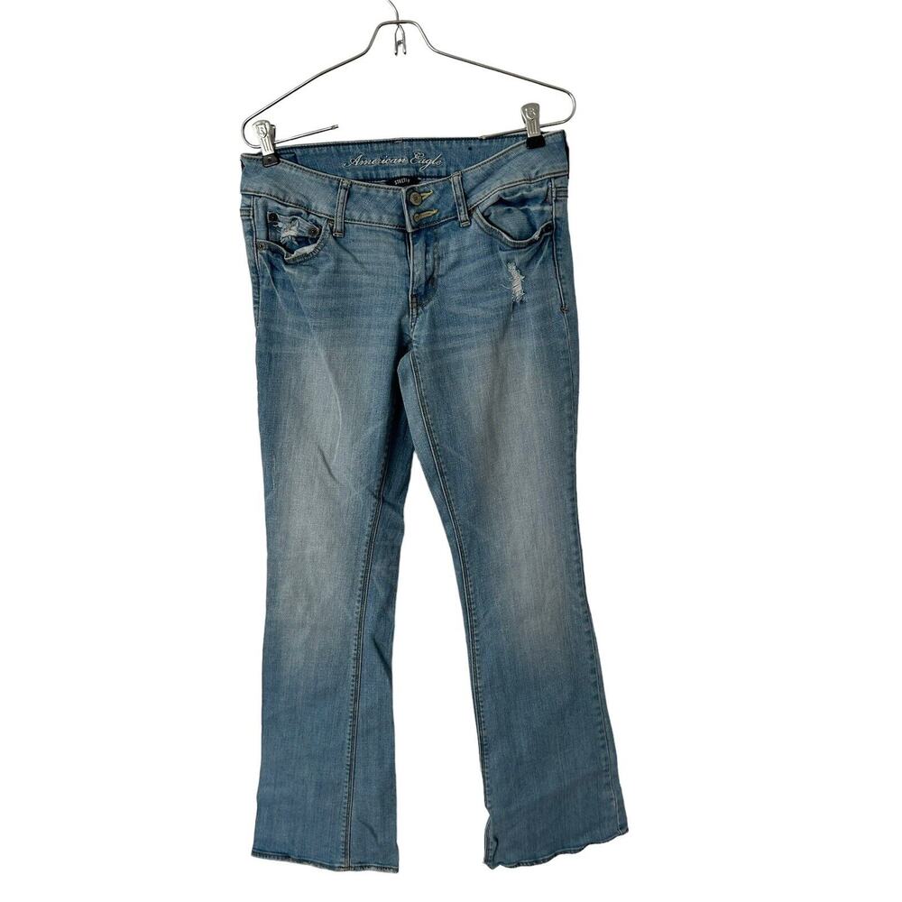 American‎ Eagle Jeans Womens 6 Long Artist Flare Low Rise Distressed Denim Blue